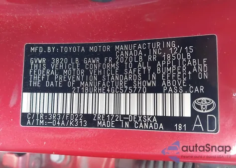 2016 Toyota Corolla S Plus from USA, damaged, VIN 2T1BURHE4GC575770